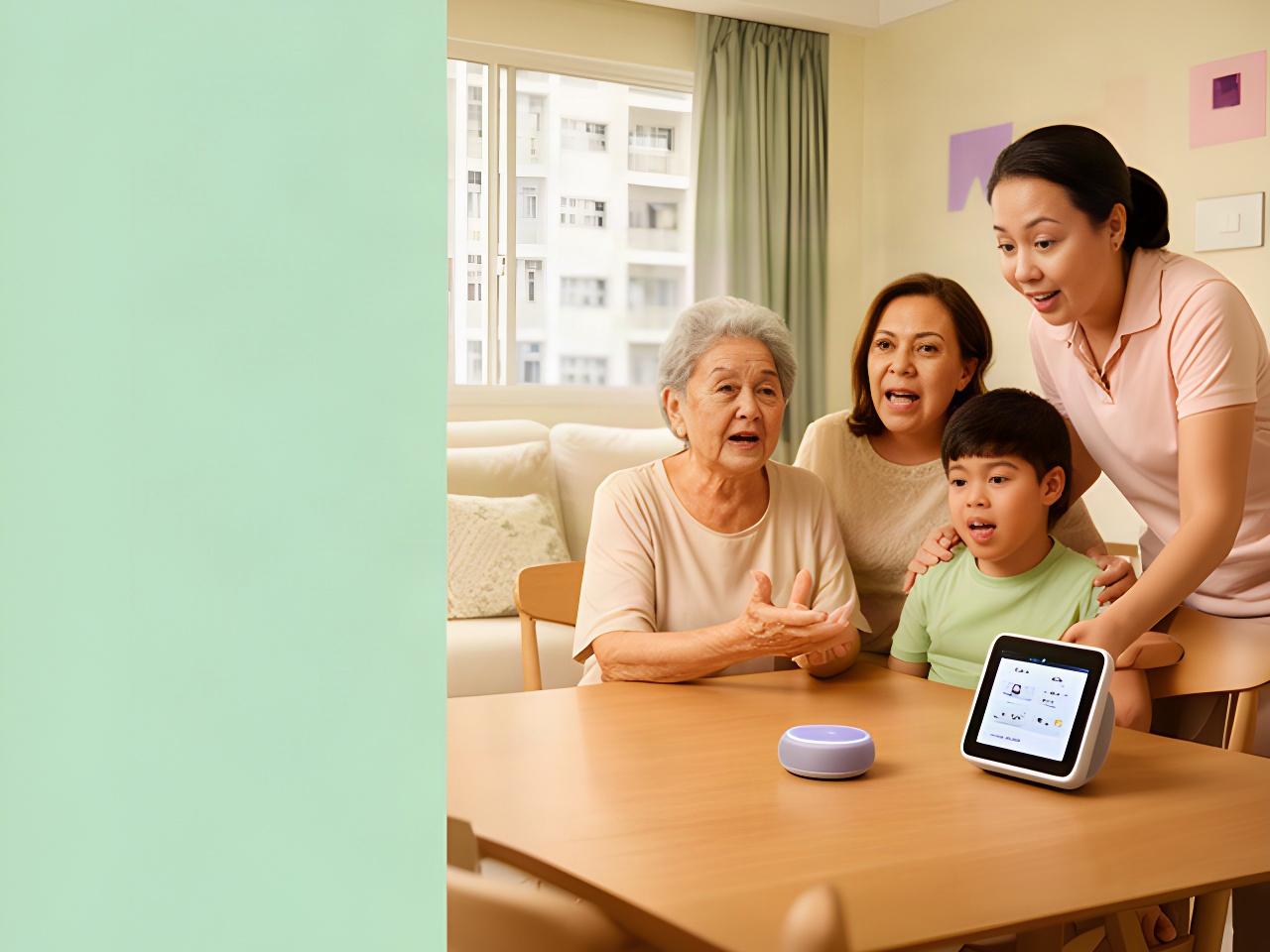 A multigenerational Singapore family in an HDB living room using a compact voice assistant beside a dining table