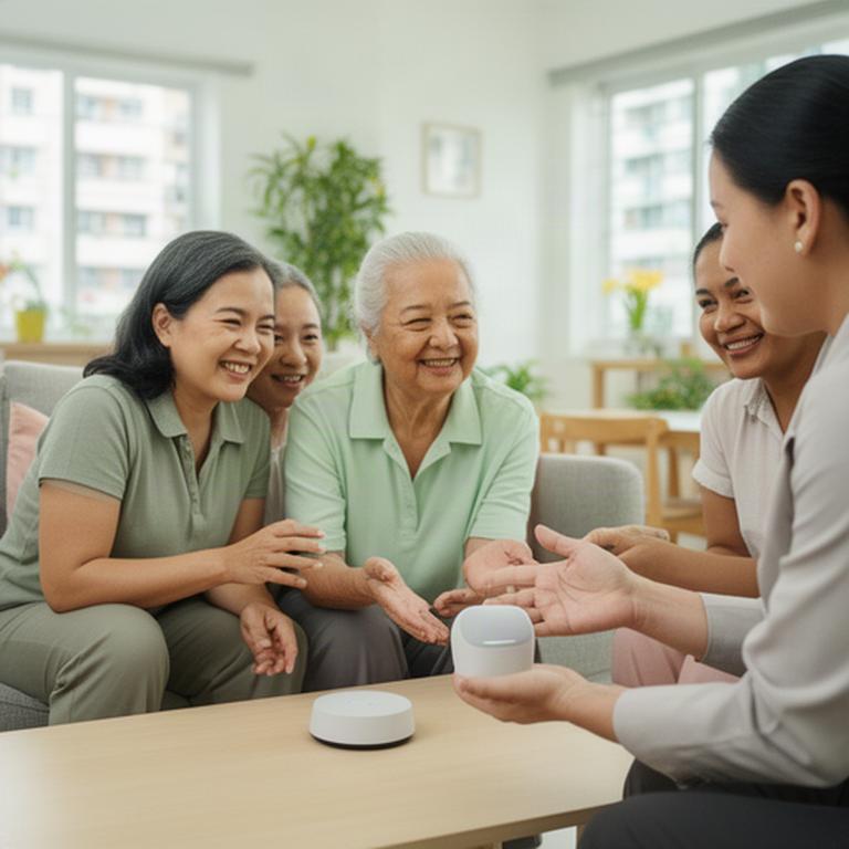 Family discussing a compact smart home device with a consultant in a bright HDB flat living room
