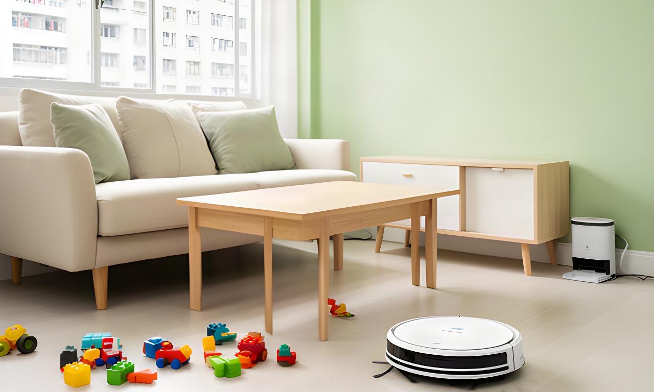Low-profile robot vacuum cleaning around a coffee table in a bright Singapore HDB living room with toys and a charging dock tucked beside a cabinet