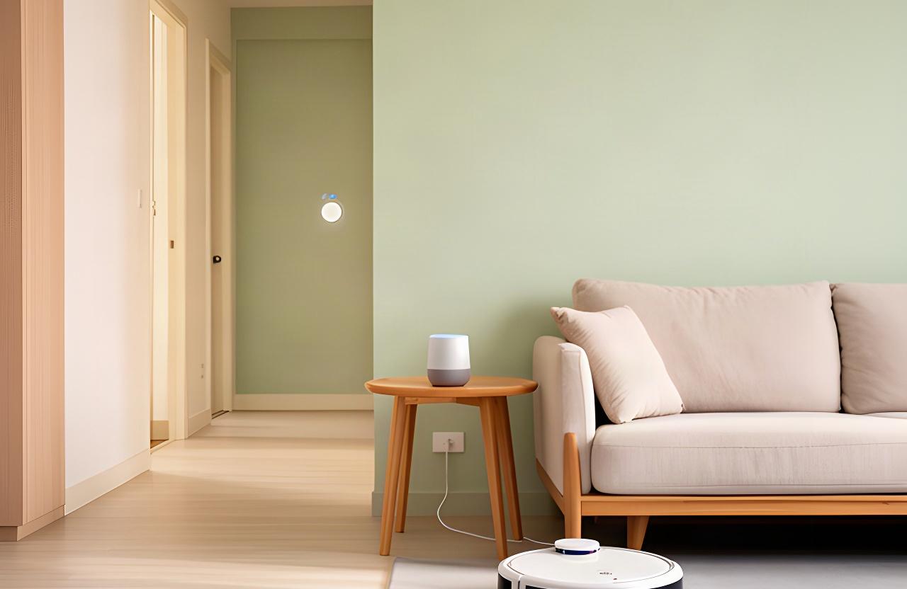Calm HDB living room with a voice assistant on a side table, a discreet motion sensor near the hallway and a robot vacuum beside the sofa