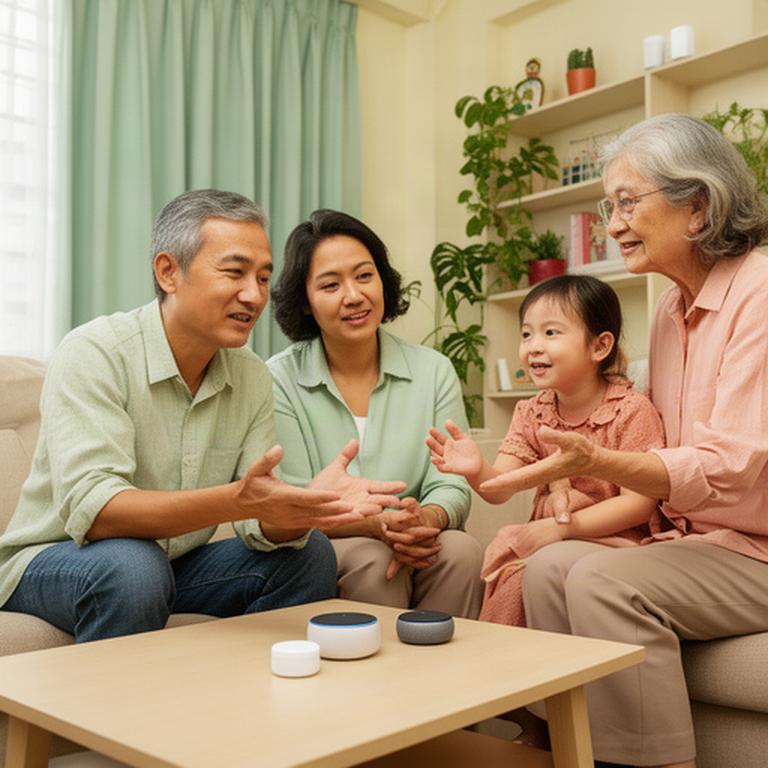 Family in a Singapore HDB living room reviewing a compact voice assistant and home sensor setup together